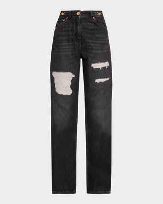 Versace Chainmail-Insert Distressed Straight-Leg Pants