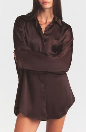 SKIMS Lightweight Stretch Satin Button-Up Shirt in Espresso at Nordstrom, Size Xx-Small