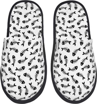 Generic Fluffy Slipper Fish Bone Print Breathable Spa Slippers Warm Portable Winter Slippers Indoor Guest L