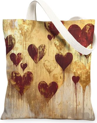 Generic Heart Pattern Canvas Tote Bags, Vintage Artistic Design Reusable Grocery Bags, Lightweight Washable Shoulder Strap Tote for Shopping Beach Travel 13x1