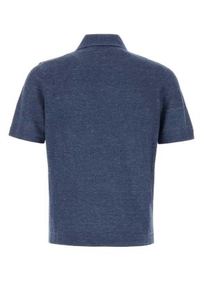 Brunello Cucinelli Mens Melange Blue Linen Blend Polo Shirt Denim Exterior: Cotton Maglieria