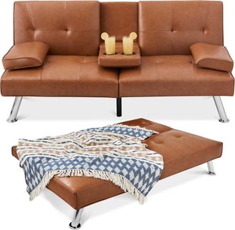 Best Choice Products Modern Faux Leather Convertible Futon Sofa w/ Removable Armrests, 2 Cupholders