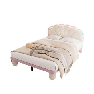 STILVORA Cama Infantil 140 X 200 Cm De Terciopelo Con Led Ajustable, Patas De Cama Con Deslizadores, Sin Colch&oacute;n, Beige