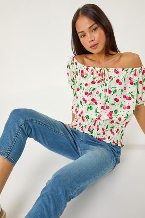 Roman Cherry Print Bardot Blouson Top