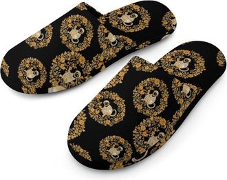Generic Cute Flowers Monkey Flannel Mens Slip-on Slippers Winter Warm House Shoes with Rubber Sole for Home Hotel