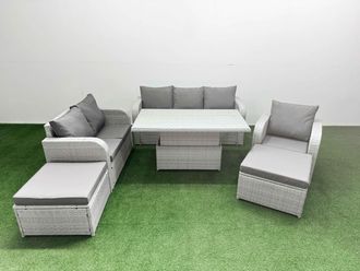 Fimous Patio PE Wicker 8 Seater Outdoor Rattan Furniture Sofa Sets w/ Adjustable Lifting Dining or Coffee Table Reclining Chair Loveseat Sofa 3