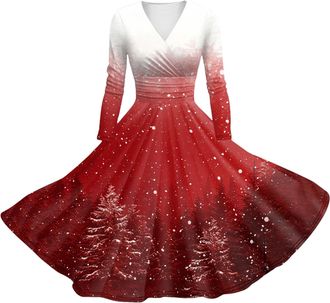 Generic Womens Christmas Long Sleeve Swing Dress Xmas Long A line Cocktail Dress Evening Swing Print Sexy Prom Party Novelty Christmas Tree Pattern Vintage La