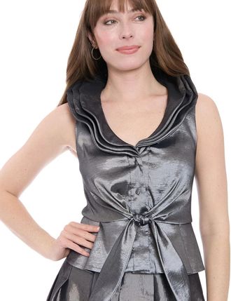 Muse Muse Peplum Top Womens Silver Metallic Tie Waist Triple-Collar Blouse PAL72