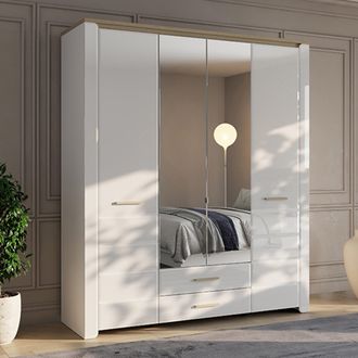 Dmora Armario Grande Mahone, Ropero Dormitorio 2 Cajones, 8 Estantes, Perchero, 186x216h Cm Blanco Mate