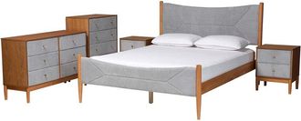 Baxton Studio Taylin Mid-Century Corduroy & Wood Queen 5pc Bedroom Set