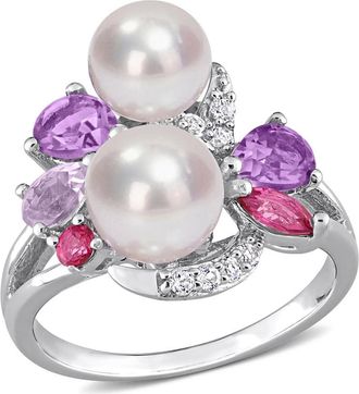 Amour Cultured Freshwater Pearl and 1 3/8 CT TGW Multi-gemstone Cocktail Ring In Sterling Silver