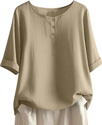Generic Linen Shirt for Women UK Half Sleeve T-Shirt Elegant Round Neck Button Front Blouse Loose Fit Cotton Linen Shirts Womens Solid Color Roll Up Blouses F