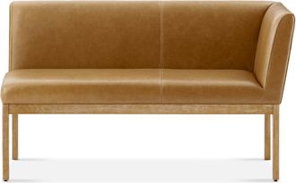Castlery Brown Leather Right Banquette Bench, Light Brown Wooden Leg |Elliot by Castlery, Timelessly designed with a curved backrest for added comfort, Brown
