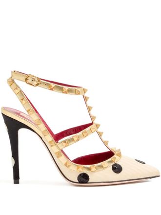Valentino Garavani Rockstud Pumps with Plus de Pois embroidery 100mm - women - Viscose/Calf Leather/Goat Skin - 38.5 - Neutrals