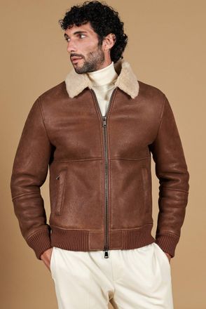 D'Arienzo Montone shearling color cuoio vintage modello bomber collo camicia DArienzo, Seleziona Taglia 48, Colore Cuoio