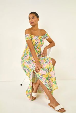 Roman Floral Print Bardot Shirred Midi Dress