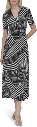 DKNY Short Sleeve Belted Maxi Dress in Black/Ivory at Nordstrom Rack, Size 10