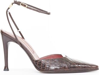 Sergio Rossi Brown Croc Embossed Leather Ankle Strap Pumps