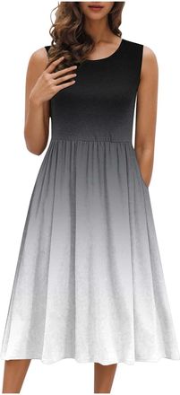 Generic Womens Tie-Dye Ombre Sleeveless Midi Dress with Pockets Casual Summer Tiered Dress for Beach Vacation