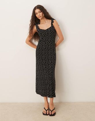 Nobody's Child Adrian - Vestito midi nero a pois bianchi con spalline annodate