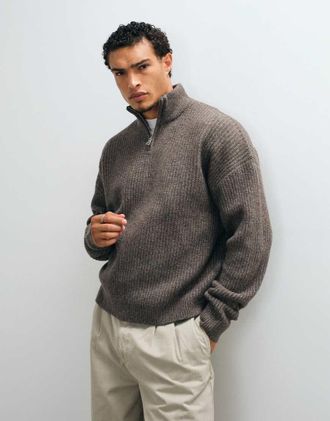 Asos maglione in misto lana a coste, super oversize, con mezza zip, marrone m&eacute;lange