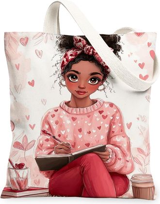 Generic Heart Pattern Canvas Tote Bags, Floral Print Reusable Shopping Bags, Spring Vintage Chic Lightweight Washable Shoulder Stra, Peach, 13x15 Inch