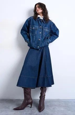Topshop Dropped Waist Denim Skirt in Medium Blue at Nordstrom, Size 14 Us