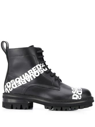 Dsquared2 logo print lace-up boots - women - Calf Leather/Leather/Rubber - 35 - Black