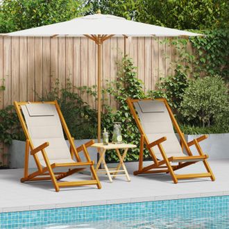 Berkfield Home 2 Pack of Folding Beach Chairs - Light Grey, Acacia Wood & Textilene in Light Grey