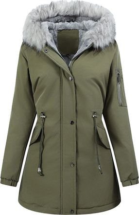 Generic Womens Winter Parka Coats Long Sleeves Fleece Lined Jackets Ladies Padded Thermal Overcoat Faux Fur Hooded Thicked Sherpa Parka Coat Solid Warm Quilte