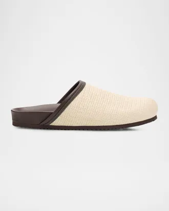 Brunello Cucinelli Monili Leather-Trimmed Raffia Mules