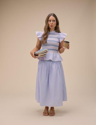 Nobody's Child Blue Striped Shirred Waist Midi Skirt