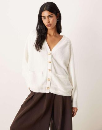 Abercrombie & Fitch Cardigan dad in maglia a trecce color crema-Neutro