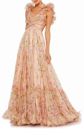 Mac Duggal Ruffle Tiered Floral Cut-Out Chiffon Gown in Pink Multi at Nordstrom, Size 12