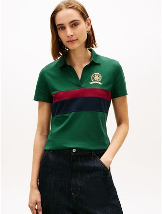 Tommy Hilfiger Womens Block Stripe Crest Stretch Pique Polo - Green - XXL
