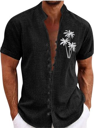 Generic Mens Long Sleeve Shirts Button Down Christmas Tops Mens Cotton and Linen Solid Color Short Sleeved Stand Up Collar Beach Shirt Fleece Lined Flannel Sh