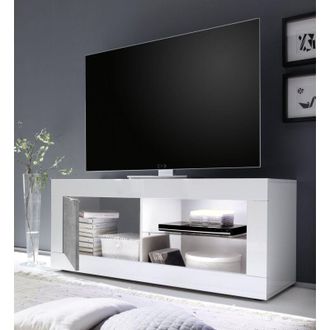 Dmora Mueble Para Tv Gambara, 2 Estantes, Apertura Con Manija, 4 Compartimientos, 140x43x56h Cm Blanco Brillante