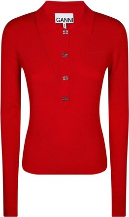 Ganni Mini Ribbed Merino Polo - Dames - Polos - Rood - L - Wol - Tops