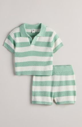 Nordstrom Cotton Blend Knit Polo Sweater & Shorts Set in Ivory- Green Kinsley Stripe at Nordstrom, Size 12M