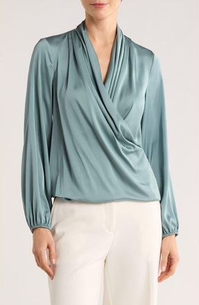 T Tahari Long Sleeve Faux Wrap Top in Medium Blue at Nordstrom Rack, Size X-Small