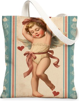 Generic Vintage Angel Canvas Tote Bags, Romantic Heart Pattern Reusable Grocery Bags, Lightweight Washable Shoulder Strap Canvas Fo, Blue, 13x15 Inch