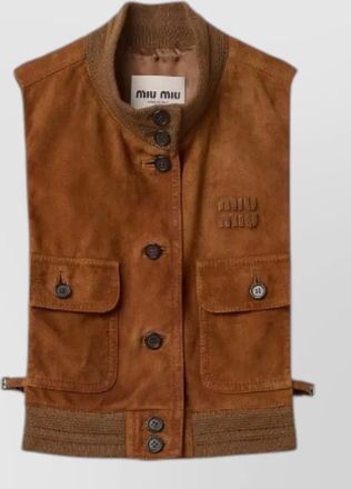 Miu Miu leather top sleeveless front pockets ribbed hem