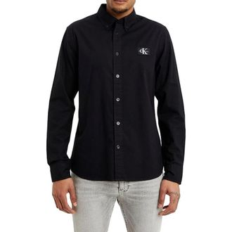 Calvin Klein Mens Black CK Shrunken Badge Button Down Shirt, Size Medium