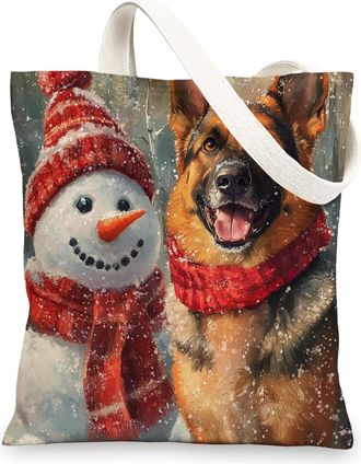 Generic Winter Christmas German Shepherd Dog Canvas Tote Bag for Shopping 13x15, Snowman Xmas Puppy Pet Reusable Grocery Print Bag for Women, Holiday Beach Ae
