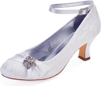 Generic Wedding Shoes Womens Lace Chunky Heel Pumps Round Toe Bridal Low Heels Prom Party Dress High Heels 6.5Cm,White,9 UK