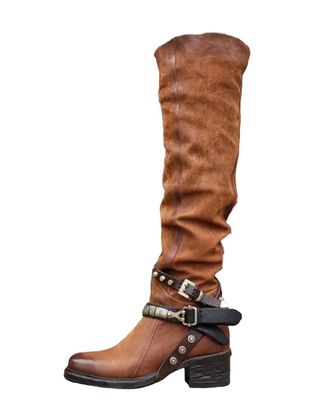 Generic Womens Winter Leather Punk Style Knee Boots Vintage Stud Zip Belt Buckle Plus Size Boots