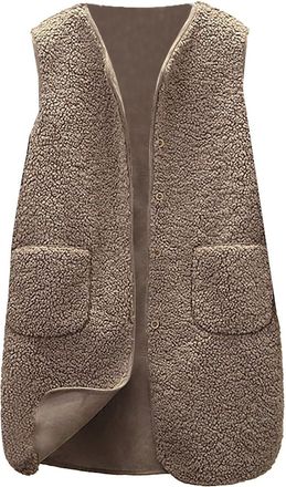 Generic Womens Teddy Fleece Gilet Longline V Neck Zip Up Waistcoat Casual Sleeveless Vest Tops Winter Solid Body Warmers Ladies Cozy Outdoor Fluffy Jacket wit