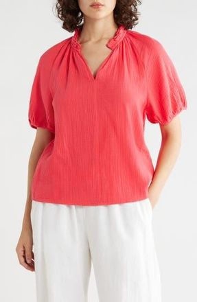 Caslon Split Neck Puff Sleeve Cotton Gauze Top in Red Geranium at Nordstrom Rack, Size X-Small
