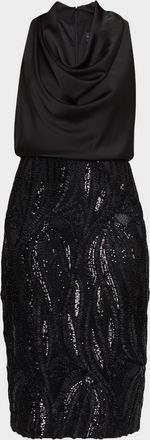 Aidan Mattox Sequin-Embroidered Cowl Midi Dress