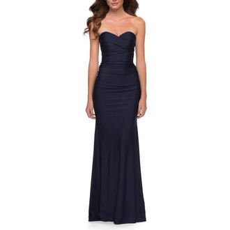 La Femme Strapless Jersey Dress with Ruching and Full Back in Navy at Nordstrom, Size 16